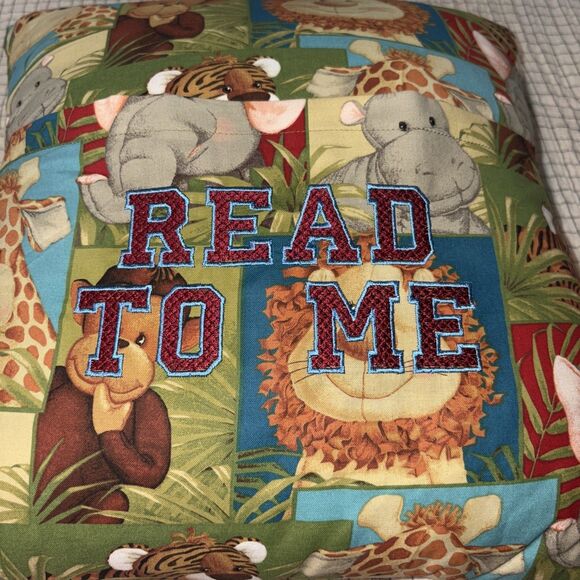 Book Pocket Pillow Embroidered With "READ TO ME" 16x16 in. Jungle Animals - Picture 2 of 4